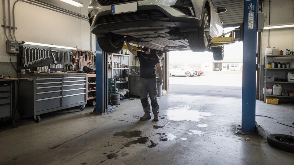 Car raised on a two-post lift in a partner workshop bay