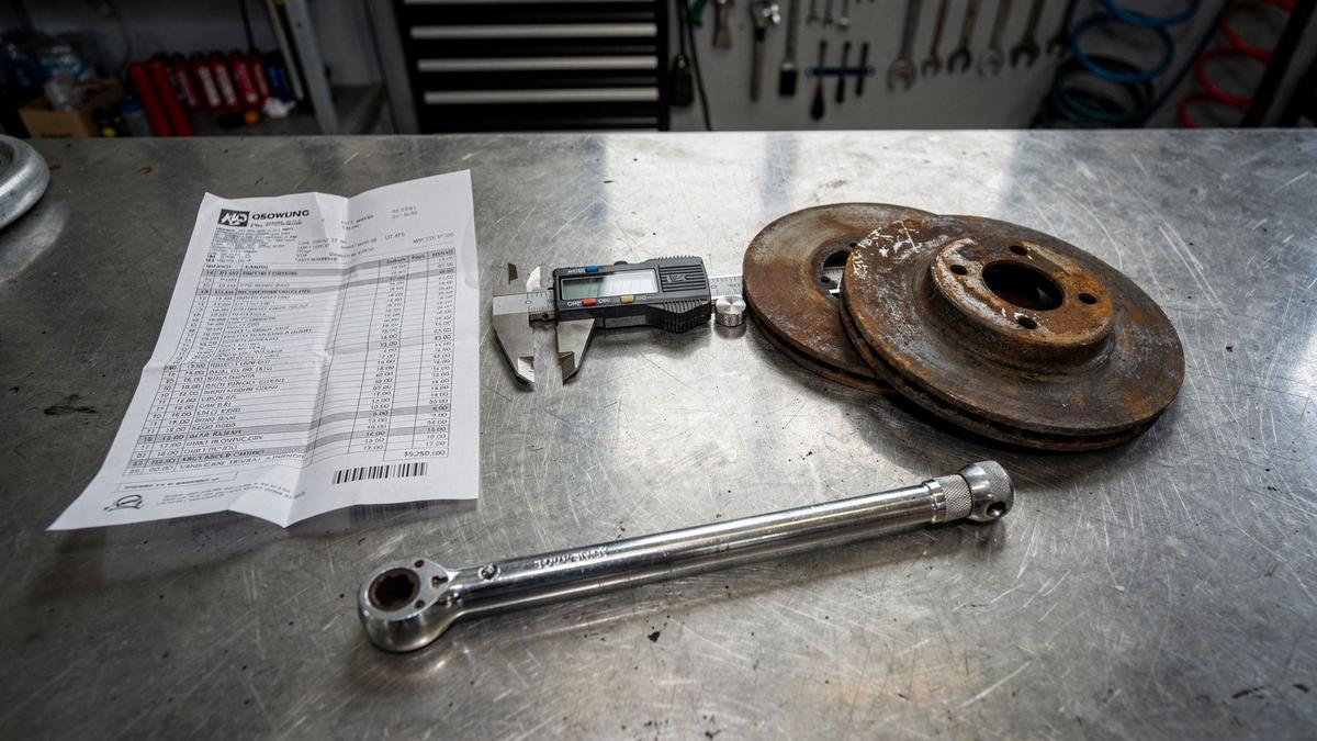 Printed service price sheet and measured brake discs on a workbench in a repair bay